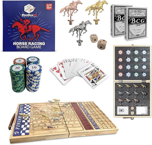 23-Inch Premium Horse Racing Board Game – Foldable Wooden Horse Race Board Game with 11 Numbered Metal Horses, Dice, Cards, and 80 Poker Chips for Parties & Friendly Betting