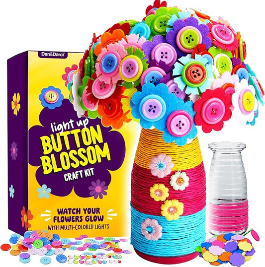 Dan&Darci Light Up Button Flower Craft Kit - Crafts for Kids Ages 4-8 - Arts & Crafts Gift for Girls - Activities for Kid Age 6-8 Girls - 5 Year Old Girl Gift Toys - Birthday Gifts for 5 6 7 8 Years