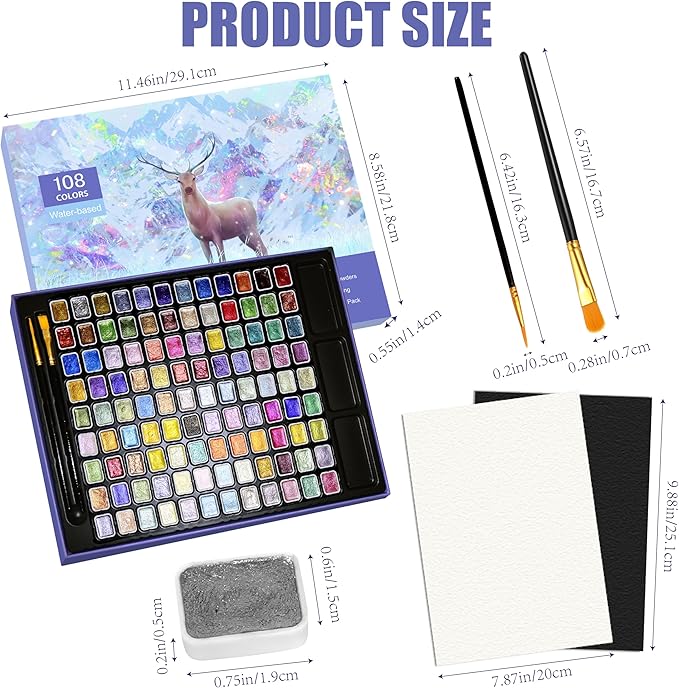 Mini Shimmer Watercolor Paint Set, 108 Colors Glitter Metallic Watercolour Painting Sets, Solid Pearl Water Color Paints for Artists, Amateur Hobbyists and Painting(108 Colors)