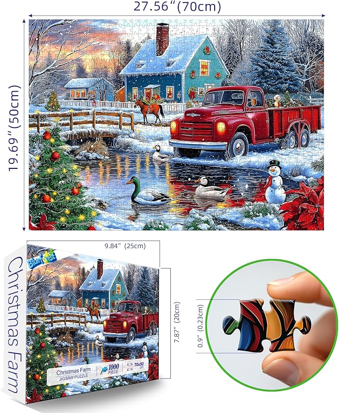 Christmas Winter Scene Jigsaw Puzzle 1000 Pieces for Adults Vintage Red Truck Snowy Country Blue House Ducks Snowman Holiday ICY River Landscape Festival Family Games for Adults
