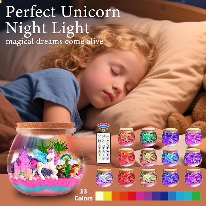 Unicorn Terrarium Kit for Girls - LED Light-Up DIY Arts and Crafts Night Light Gift for Kids Ages 4-12Night Light Birthday Gift DIY Arts and Crafts Kit for Kids