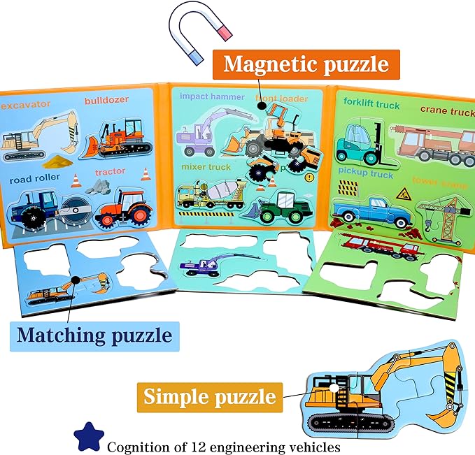 Magnetic Puzzles for Kids Ages 1-3, Travel Toddler Puzzles Ages 2-4 Year, Excavator Refrigerator Magnet for Kids Learning Gift for Road Trip