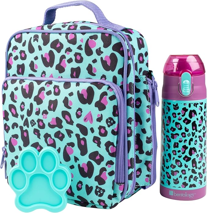 Bentology Kids Lunch Bag Set w Matching Reusable Water Bottle & Hard Ice Pack- Blue Purple Cheetah Cat- Insulated Tote, Stainless Steel Insulated Thermos, Hard Ice Pack- Back to School Lunchbox Kits