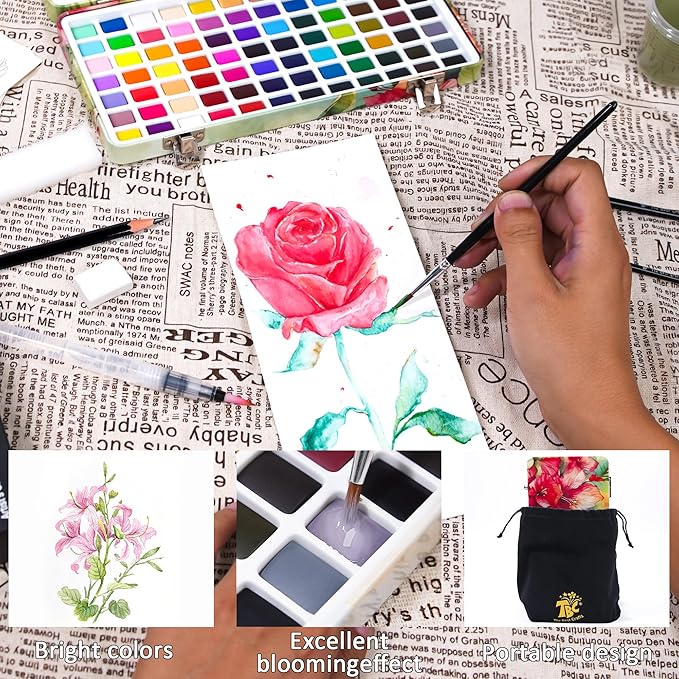 TBC The Best Crafts 84 Colors Watercolor Paint Set For Kids, Students and Artists, Amateur,Beginner.Set includes Coloring Sheets, Black Dual Tip Acrylic Paint Markers, Storage Bag