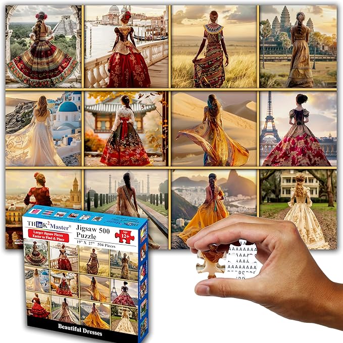 Think2Master Beautiful Dresses from Around The World 500 Pieces Large Format Jigsaw Puzzle for Kids 12+, Teens, Adults & Families. Elegant Dresses Vibrant Colors, Cultural Art Size: 26.8” X 18.9”