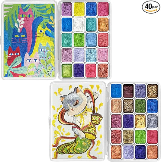 Mini Forestry Shifting Watercolor Painting Set - 40 Color Shifting Watercolor Paints, Shimmer Metallic & Glitter Watercolor Paints, Matisse & DunHuang Style