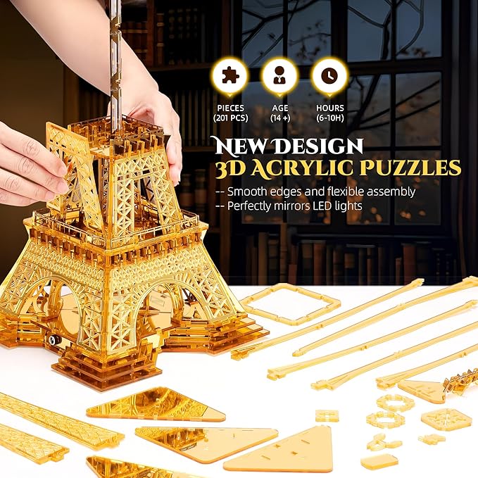 LED 3D Puzzle Eiffel Tower Building Model - 3D Architecture Building Model - Landmark of Paris at Night - 3D Acrylic Puzzle Décor Lamp DIY Ornament Nightlight(Large,Gold)