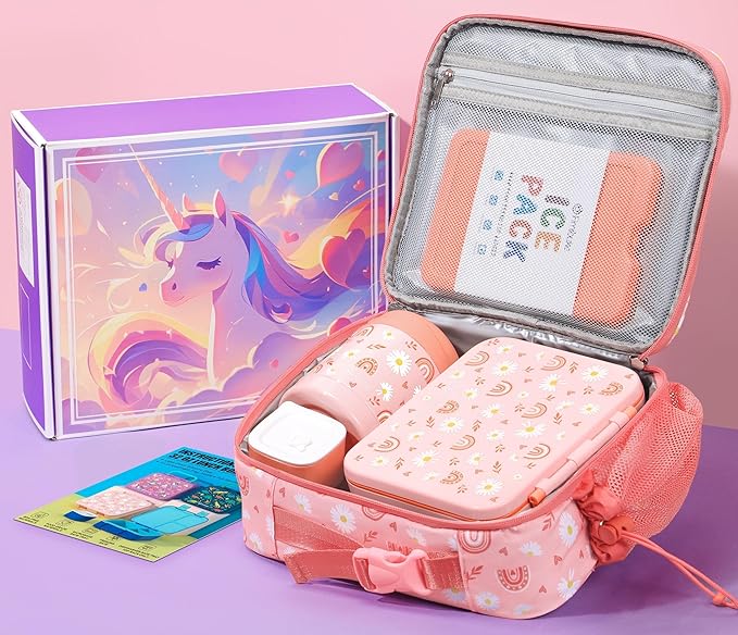 Fimibuke Bento Lunch Box for Kids with Thermos, 3-Compartment 32OZ Snack Lunch Container, Lunch Bag, 12OZ Insulated Food Jar & Ice Pack Set for Age 3-12 School Daycare Toddler Teen Girls Boys, Rainbow