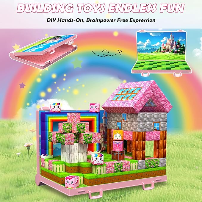 Magnetic Blocks, Build 3D Magnet Building Toys World with Princess Magnetic Tiles, Foldable Magnet Board, STEM Sensory Toy for Kids, Toy Building Sets Gifts for Age 3, 4, 5-10 Year Old Boys Girls