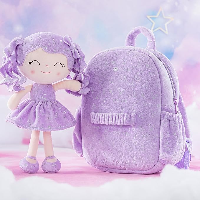 Gloveleya 11 Inches Toddler Backpack Baby Girl Gift Plush Bag Featuring Curly-Haired Doll Design with Silver Heart Accents in Soft Purple