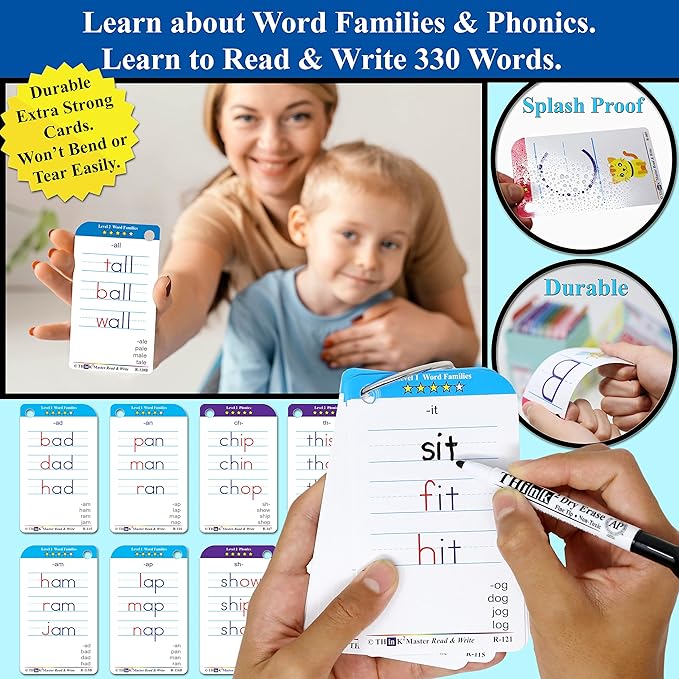 THINK2MASTER Premium 186 Laminated Alphabet, Sight Words & Phonics Flash Cards for Pre K & Kindergarten. (Bonus: 2 Dry Erase Markers, 5 Rings). Learn to Read, Write, Count, Add & Subtract Numbers.