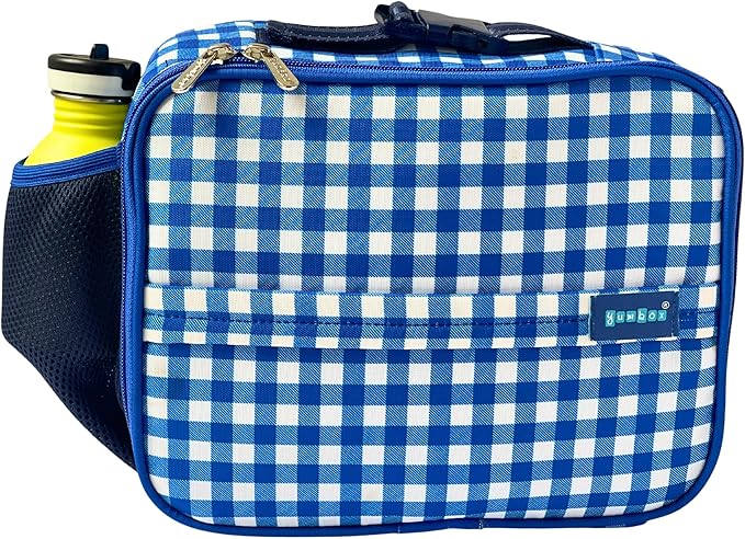 Yumbox Kids Lunch Bag, Holds Lunch Box and Water Bottle, 3 Ways to Carry, Zip Closure, Inside Zipper Netting, Wipe Clean Fabric with EVA lining for extra insulation (Vichy Blue)