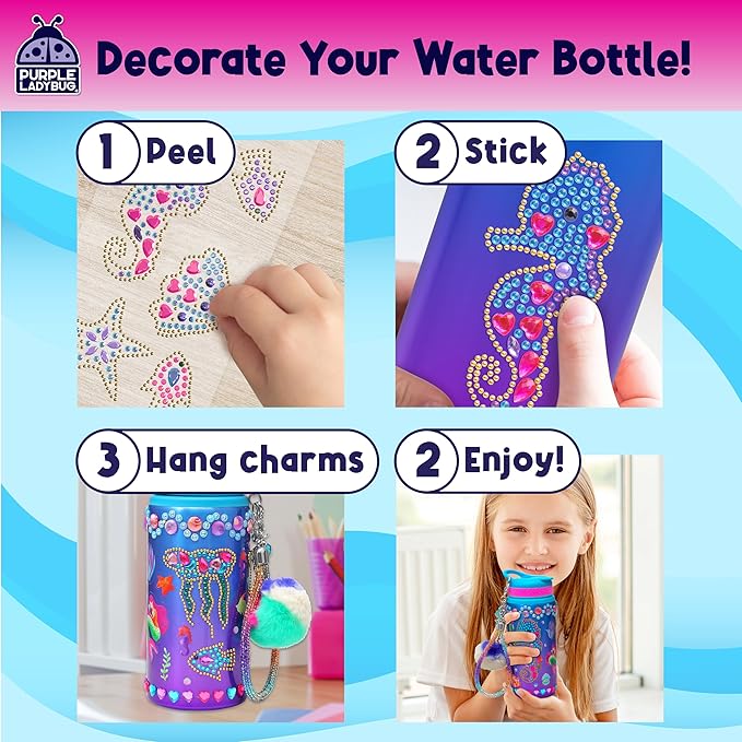 PURPLE LADYBUG Decorate Your Own Water Bottle for Girls, 22oz - Mermaid Peel-and-Stick Gemstones, Charms & Stickers Craft Set, Great Birthday Gifts for Girls 5-10 Years Old, Christmas Gift for Girl