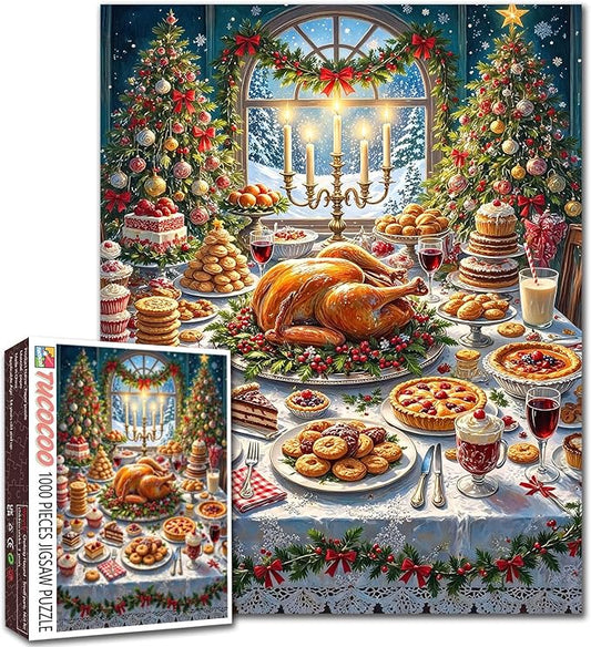 Christmas Feast 1000 Piece Jigsaw Puzzles for Adults Christmas Turkey Painting Jigsaw Puzzle Xmas Trees with Ball Puzzles 20''x27”inch Cookie 1000 Pieces Craft Puzzle Wall Decor Family Challen