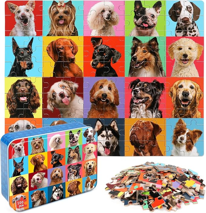 LELEMON Puzzles for Kids Ages 4-6,Dog Puzzle 100 Piece Puzzles for Kids Ages 4-8 in a Metal Box, Educational Kids Puzzles Jigsaw Puzzles 100 Piece Puzzle Games Puzzle Toys for Girls and Boys