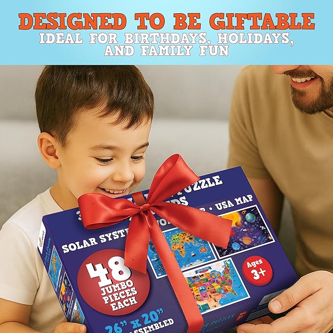 3 Pack Large Floor Puzzles for Kids Ages 3-5– Extra Thick 48 Piece Puzzles for Toddler Ages 4-8 Jumbo Jigsaw Set - Solar System, World Map, USA Map, 3 in 1 Educational Puzzle Preschool, Children