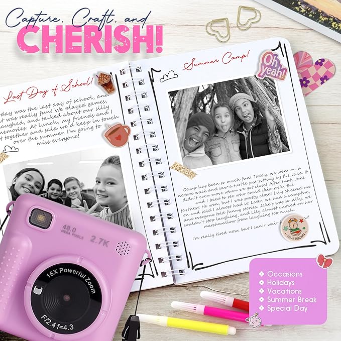 Photomaker Kit - Instant Print Camera for Kids Plus DIY Journal Kit for Girls - 150 Pcs Tween Journal & Camera for Girls - 6 7 8 9 10 11 12 13 14 Year Old Girl (Lilac)