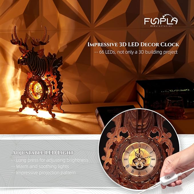 LED 3D Wood Puzzle Deer Clock, 3D Wooden Puzzle Elk Clock Building Model, Home Décor 3D Wooden Puzzle for Adults/Teens Christmas Gift(Wood, Yellow Light)