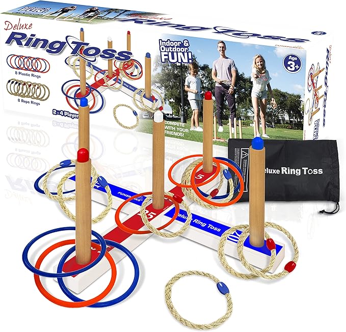 Ring Toss Game for Kids, Fun Ring Tossing Outdoor Game Set Carnival Games Set Indoor & Outdoor Game for Family and Friends with 16 Rings (8 Rope Rings, 8 Plastic Rings)