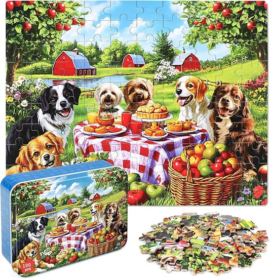 Puppy Dogs Animal Picnic Puzzles for Kids Ages 4-8, 100 Pieces Jigsaw Puzzles for Kids Ages 3-5 Puzzle for Girls and Boys Learning Educational Puzzles Toys in a Metal Box