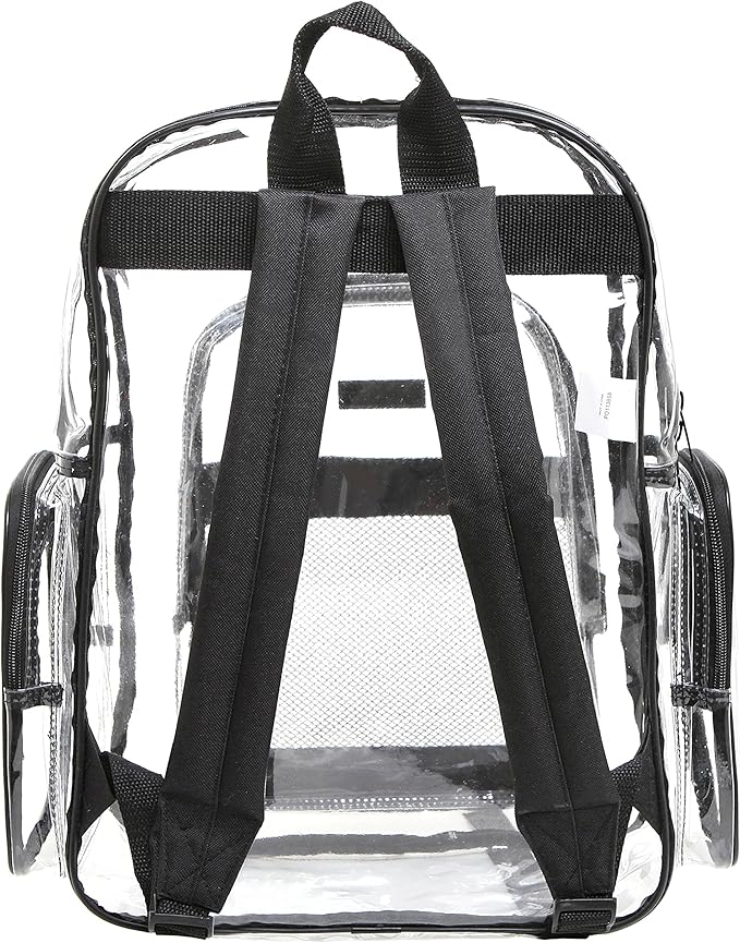 17 Inch Clear PVC Backpack with Black Trim and 5 Zipper Compartments, Transparent School Bookbag for Boys Girls, Travel or Work Bag for Men Women
