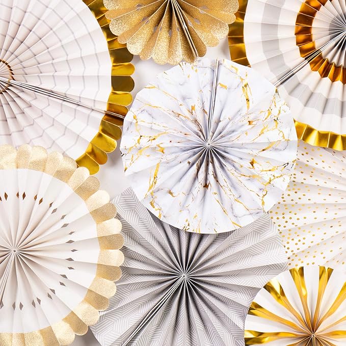 PapaKit Origami Wall Decoration Set (8 Assorted Round Paper Fans) Birthday Party Baby Shower Wedding Events Decor | Creative Art Design Pattern (Ivory & Marble with Metallic Gold Accent, 8 Piece Set)