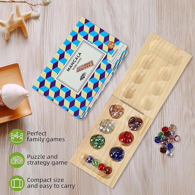 Mancala Board Game Set, Portable Travel Wooden Folding Set, Fun Table Games for Kids Adults Family Night, 48 Multi Color Glass Stones, Birthday, 2 Players Games