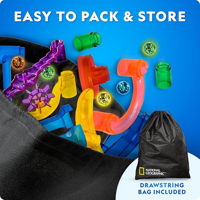 NATIONAL GEOGRAPHIC Glowing Marble Run – 250 Piece Construction Set with 50 Glow in The Dark Glass Marbles & Storage Bag, STEM Gifts for Boys and Girls, Building Project Toy (Amazon Exclusive)