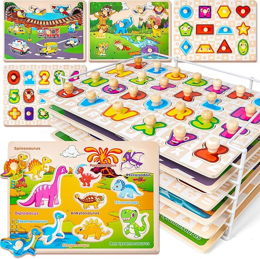 SYNARRY Wooden Puzzles for Toddlers 1-3, 6XSET Puzzles for Toddlers 2-4 with Rack, Learning Alphabet Number Shape Animal Dinosaur Vehicle, Education Toddler Puzzles Toys Gifts for 2 3 Years Boys Girls