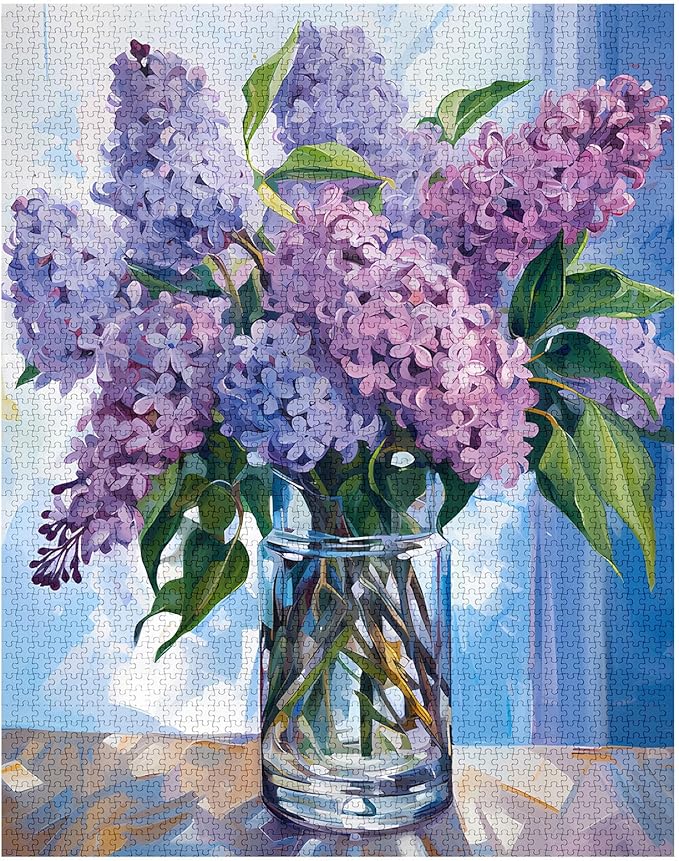 1000 Piece Jigsaw Puzzles for Adults, Purple Lilac in a Glass Vase Jigsaw Puzzles,Blue Flowers with Green Leaves Puzzle,Challenging Family Activity Perfect for Game Nights,Floral Puzzle Wall Art Decor