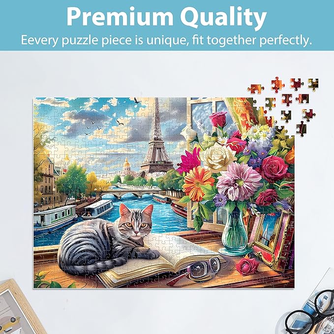 500 Pieces Puzzle for Adults Puzzle Cat Paris Puzzle for Elderly Children, Recycled Paper Jigsaw Puzzle 500 Pieces Challenging Puzzle Family Game Gift for Friends, Finished Size is 21x15 in