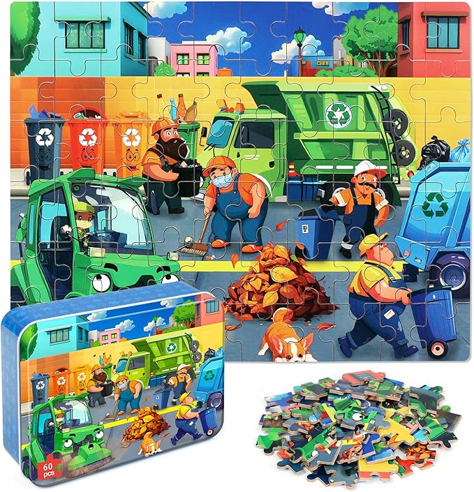 LELEMON Ocean Puzzles for Kids Ages 4-6,Recycling Garbage Truck 60 Piece Puzzles for Kids Ages 4-8,Children Jigsaw Puzzles in a Metal Box,Educational Learning Puzzle Toys for Girls and Boys