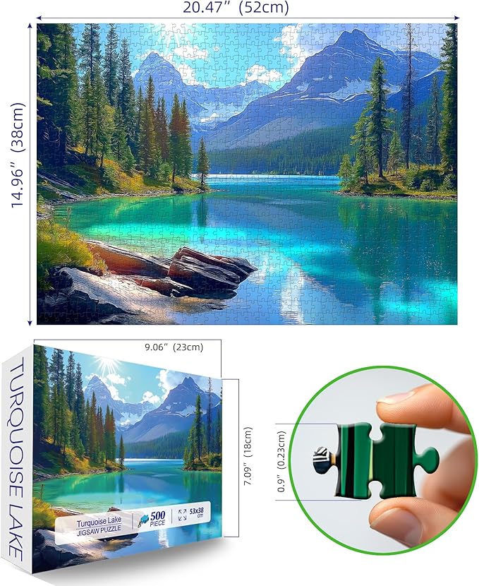Blueforest Turquoise Lake 500 Piece Puzzle for Adults - Panoramic Mountain Therapy Jigsaw Puzzle, Calming Nature Art & Framable Stress Relief Gift (23"x15")