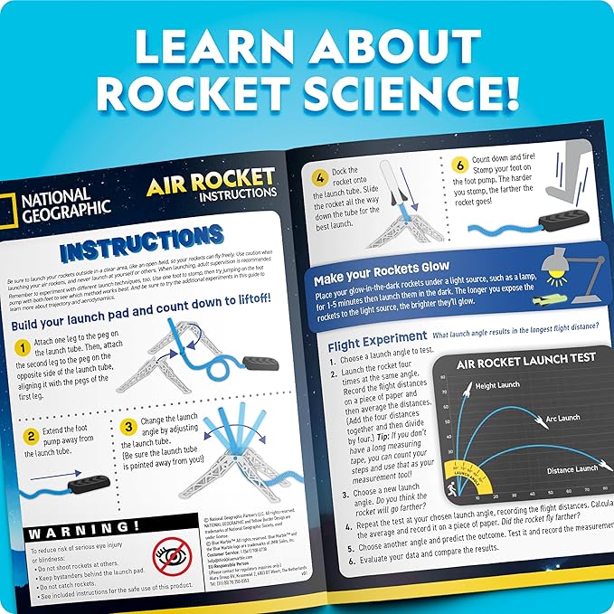 National Geographic Air Rocket Launcher Toy - Launch Glow in The Dark Rockets up to 100 Feet, Kids Outdoor Toys, Toys for Kids 8-12, Glow in The Dark Toys, Rocket Kit, Fun Outdoor Toys