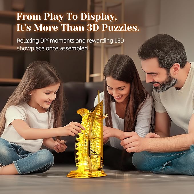 LED 3D Puzzle for Adults – 3D Wood Puzzle Architecture Building Model Kit – Super LED Dubai Landmark at Night – 3D Puzzles Home Décor Gift,Gold