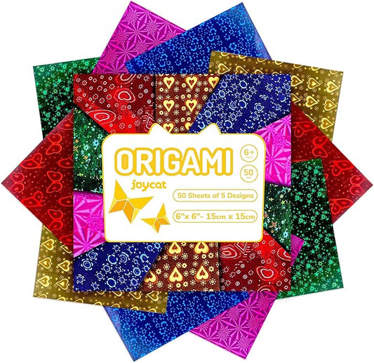 Iridescent Laser Origami Paper - 50 Sheets 6x6 Inch - holographic Double Sided Shimmer Paper for Eye-Catching Crafts, Ideal for Scrapbooking, Card Making and DIY Crafts