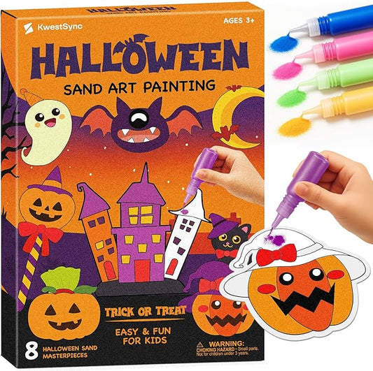 KwestSync Halloween Sand Art Crafts for Kids - Crafts for Kids Ages 4-8, 3-5, Halloween Party Favor with 8 Pumpkin, Ghost, Bat Sand Painting, Trick or Treat Goodie Bag Gifts for 4 5 6 7 8 Years Old