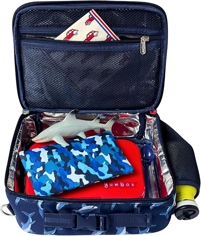Yumbox Kids Lunch Bag, Holds Lunch Box and Water Bottle, 3 Ways to Carry, Zip Closure, Inside Zipper Netting, Wipe Clean Fabric with EVA lining for extra insulation (Shark)