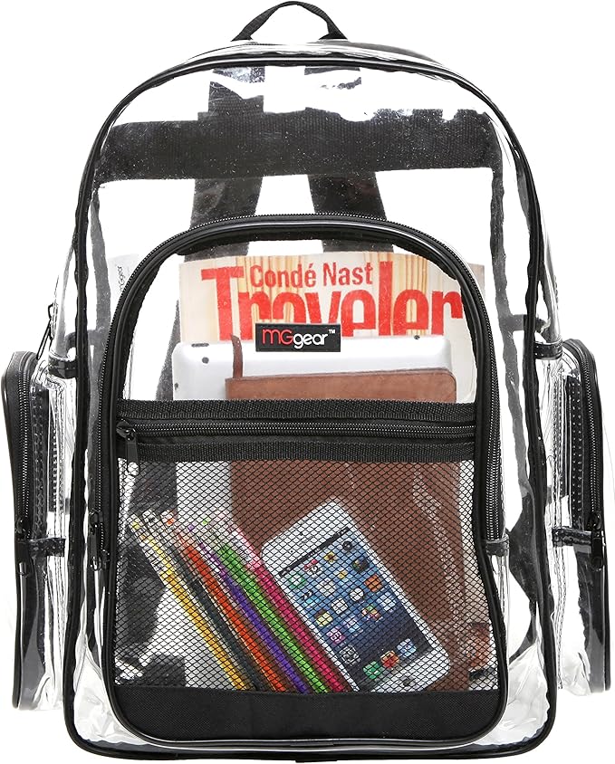 Wholesale Bulk Case 20-Pack Clear Backpack with Black Trim - 17 Inch Large Heavy Duty Transparent School Bags for Student Work Travel Stadium Security