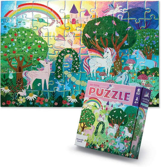 Crocodile Creek 60-Piece Holographic Foil Floor Puzzle for Kids Ages 4-8 and Up - Heavy-Duty Box for Storage - Sparkling Unicorn - 14” x 19” Finished