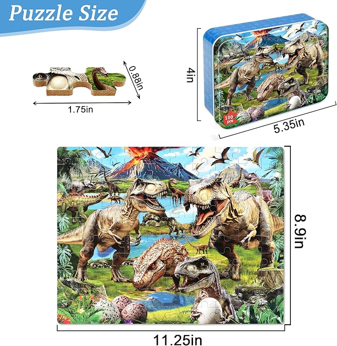 Dinosaur World Puzzles for Kids Ages 4-8, 100 Pieces Jigsaw Puzzles for Kids Ages 3-5 Puzzle for Girls and Boys Learning Educational Puzzles Toys in a Metal Box