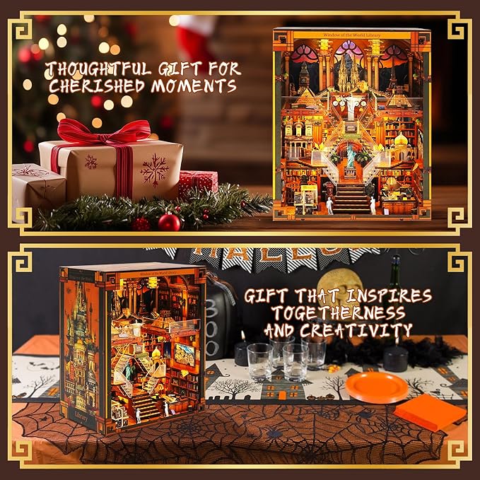 Book Nook Kit for Adults - DIY World Library Booknook, 3D Wooden Dollhouse Puzzle with LED Lights, Miniature Bookshelf Decor for Home Libraries