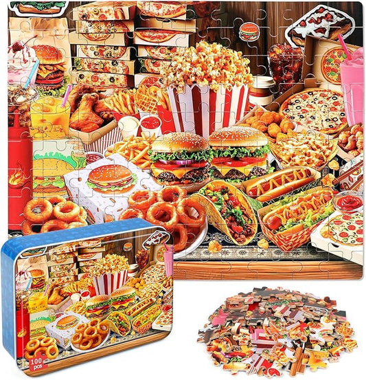 LELEMON Puzzles for Kids Ages 4-6,Hamburger Foods 100 Piece Puzzles for Kids Ages 4-8 in a Metal Box, Educational Jigsaw Puzzles 100 Piece Puzzle Games Puzzle Toys for Girls and Boys