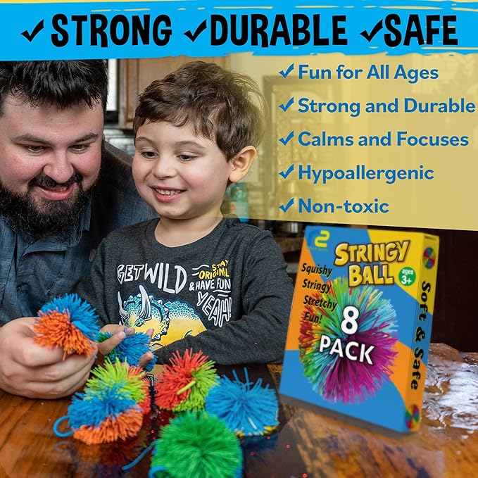 Stringy Balls & Sensory Toys for Kids 8 Pack - Stocking Stuffers For Kids Ages 4 5 6 7 8 9 Year Old Gift Ideas - Best Birthday Toddler Gifts for Boys & Girls - Monkey Pom Balls Fidget Toys Stress Ball