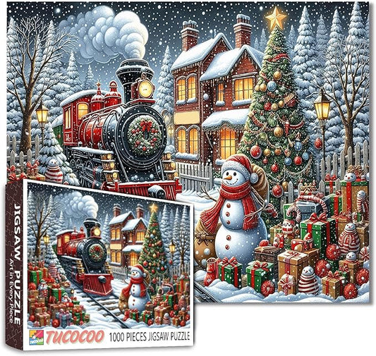 1000 Piece Jigsaw Puzzles for Adults Christmas Train,Xmas Tree Painting Christmas Gift,Snowman Jigsaw Puzzle 1000 Pieces Snowy Winter Village Puzzles Family Fun Game DIY Craft Bedroom Decor Festival