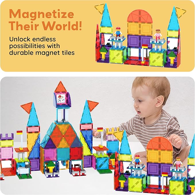 PicassoTiles 353pc Magnetic Brick and Magnet Tile Combo Set with Action Figures STEM Building Block Educational Construction Kit Preschool Classroom Toy Learning Activities for Kids Age 3 Plus PTL353