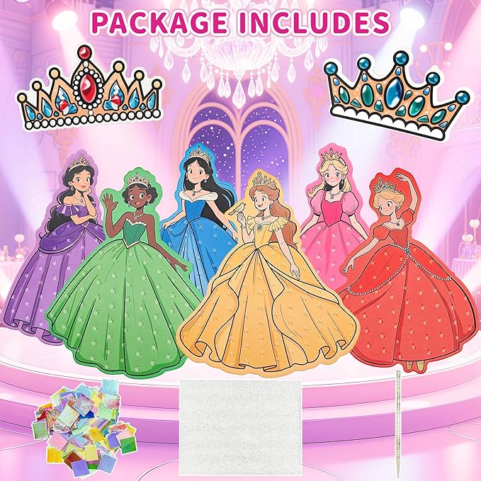 8 Pcs Poke in Crafts Art Kits for Girls, Fashion Princesses DIY Mess Free Kids' Paper Craft Kits, with 700+ Fabric Squares, 6 Foam Princesses, 2 Crowns - Birthday Gift, Creative Gift for Kids