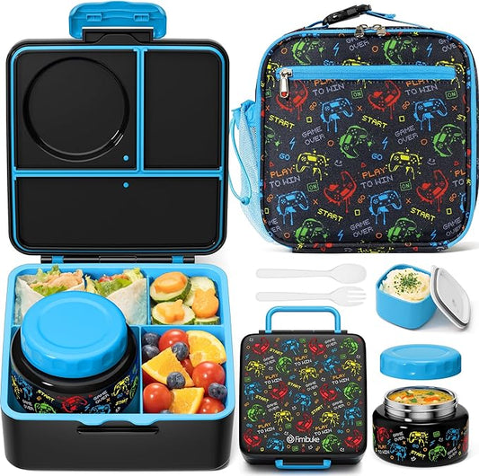 Fimibuke Bento lunch Box Set for Kids Adult with 8oz Thermos Food Jar, Insulated Lunch Bag &Sauce Cup, Leakproof Dishwasher Safe Toddler Lunch Food Container with 3-4 Compartment for School Girls Boys