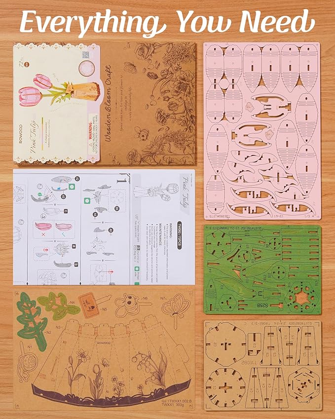 rowood Wooden Flower,3D Puzzles for Adults,Artifical Flower Botanical Collection Building Kit,Mother's Day/Valentine's Day Pink Tulip
