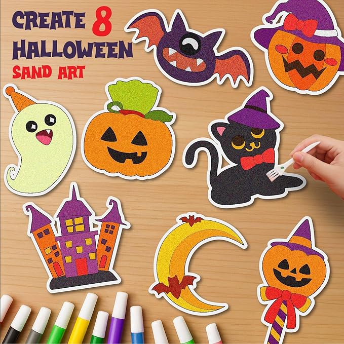 KwestSync Halloween Sand Art Crafts for Kids - Crafts for Kids Ages 4-8, 3-5, Halloween Party Favor with 8 Pumpkin, Ghost, Bat Sand Painting, Trick or Treat Goodie Bag Gifts for 4 5 6 7 8 Years Old